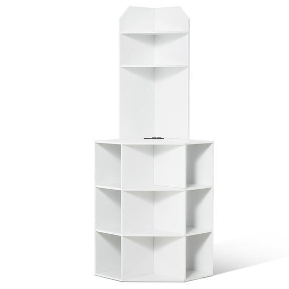64" White Corner Storage Cabinet with Charging Station, Adjustable Shelves, Modern Bathroom & Living Room Furniture