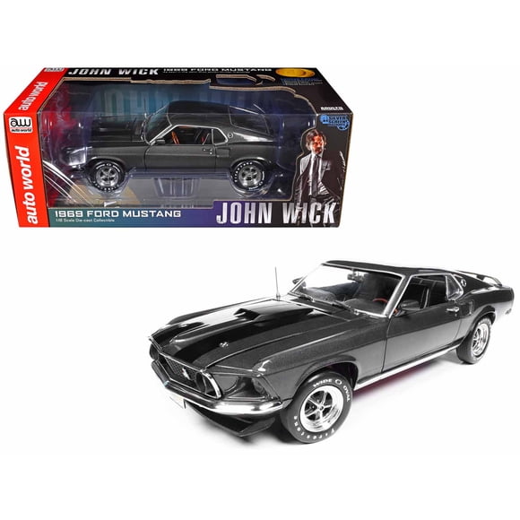 1969 Ford Mustang Gris Foncé Métallique avec Rayures Noires "John Wick" (2014) Film "Silver Screen Machines" Série 1/18 Voiture Miniature Moulée sous Pression par Auto World