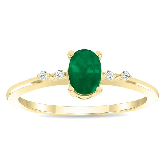 SZUL Women's Oval Shaped Emerald and Diamond Sparkle Ring in 10K Yellow Gold