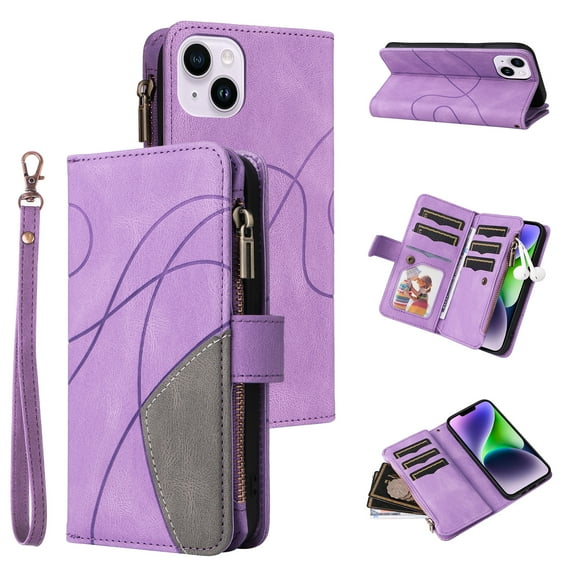 Multifunctional Case for iPhone 15,[RFID Blocking] 9 Credit Cards Holder with Wrist Strap, Premium PU Leather Zipper Wallet Purse Magnetic Flip Phone Cover For iPhone 15, Purple