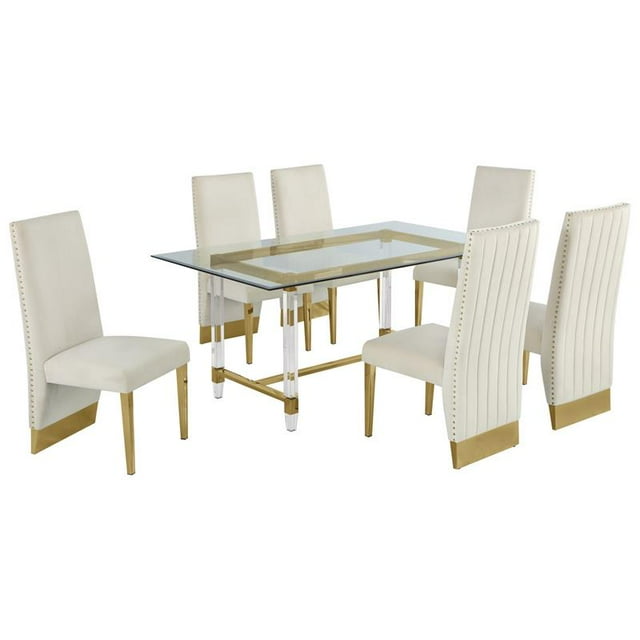7pc. Ensemble de Salle à Manger en Verre de 68 x 40 Po avec 6 Chaises et Acier Inoxydable Doré