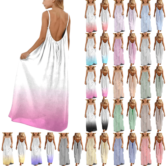 MKOSPLRT Striped Backless Cami Dress for Girl Spaghetti Strap Sleeveless Casual Maxi Dress Beach Vacation Summer Dress Vestido De Tirantes Purple 11-12 Years