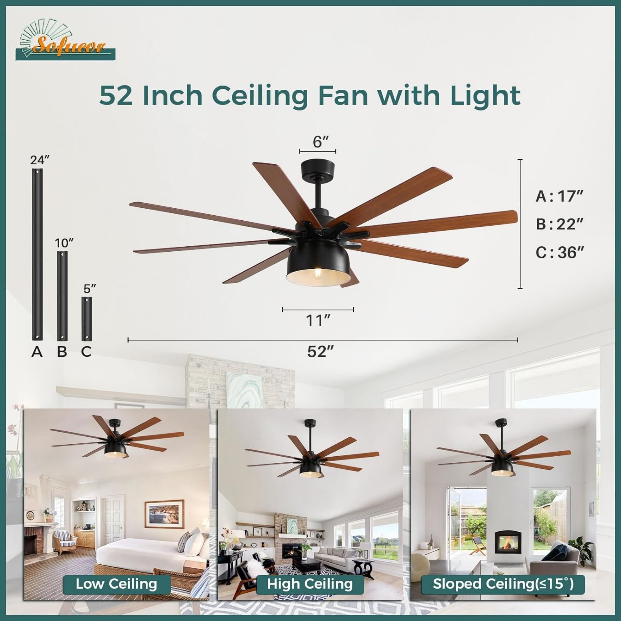 Sofucor 52 Inch Low Profile Ceiling Fan with Light Bulb Replaceable and Remote Control, 8 Blade Ceiling Fan with 3 Downrod, Max Airflow 7000 CFM