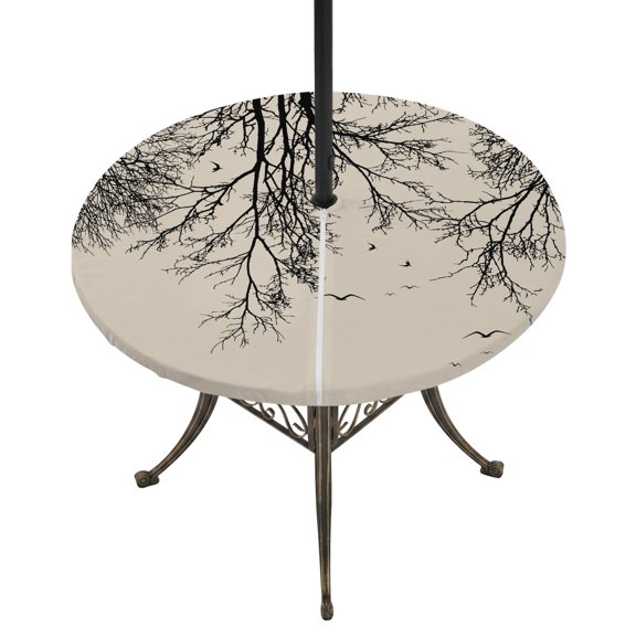 Round Outdoor Tablecloth with Umbrella Hole and Zipper, Beige Black Branches Tablecloth with Elastic Waterproof, Botanical Dead Tree Birds Patio Table Covers for 45" - 54" Picnic Pool Tables