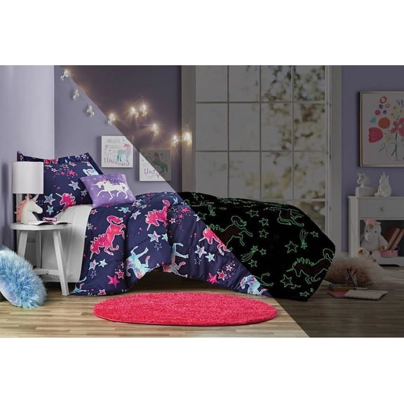 Your Zone Unicorn Glow in the Dark Bedding Set - Includes a comforter, sham, decorative pillow, string lights and black light flashlight, Twin/Twin XL