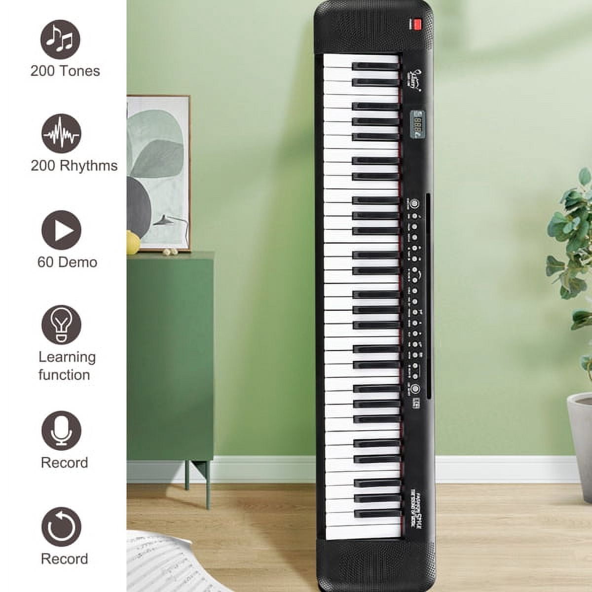 61 Key Lighting Keyboard with Piano Stand, Piano Bench, Built In Speakers, Headphone, Microphone, Music Rest, LED Screen, 3 Teaching Modes for Beginners