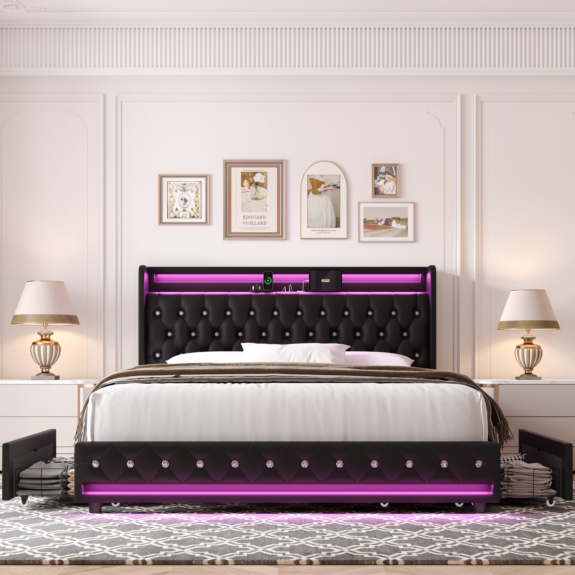 Homfa Full Size LED Bed Frame with 2 Storage Drawers & Charge