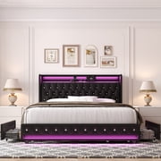 Homfa Black Full Size LED Bed Frame with 2 Storage Drawers, Modern PU Leather Crystal Button Upholstered Platform Bed Frame with Outlets and USB Ports & Display Platform
