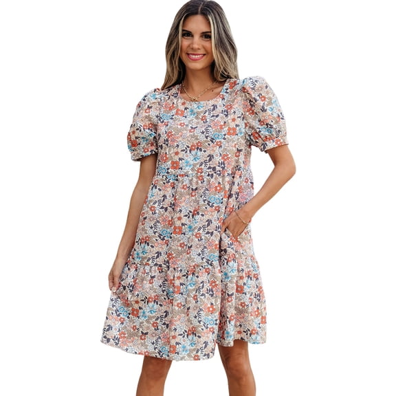 Women's Apricot Bohemian Floral Print Short Puff Sleeve Mini Dress | [ZhiHiMeRi] | (US 20-22)2XL