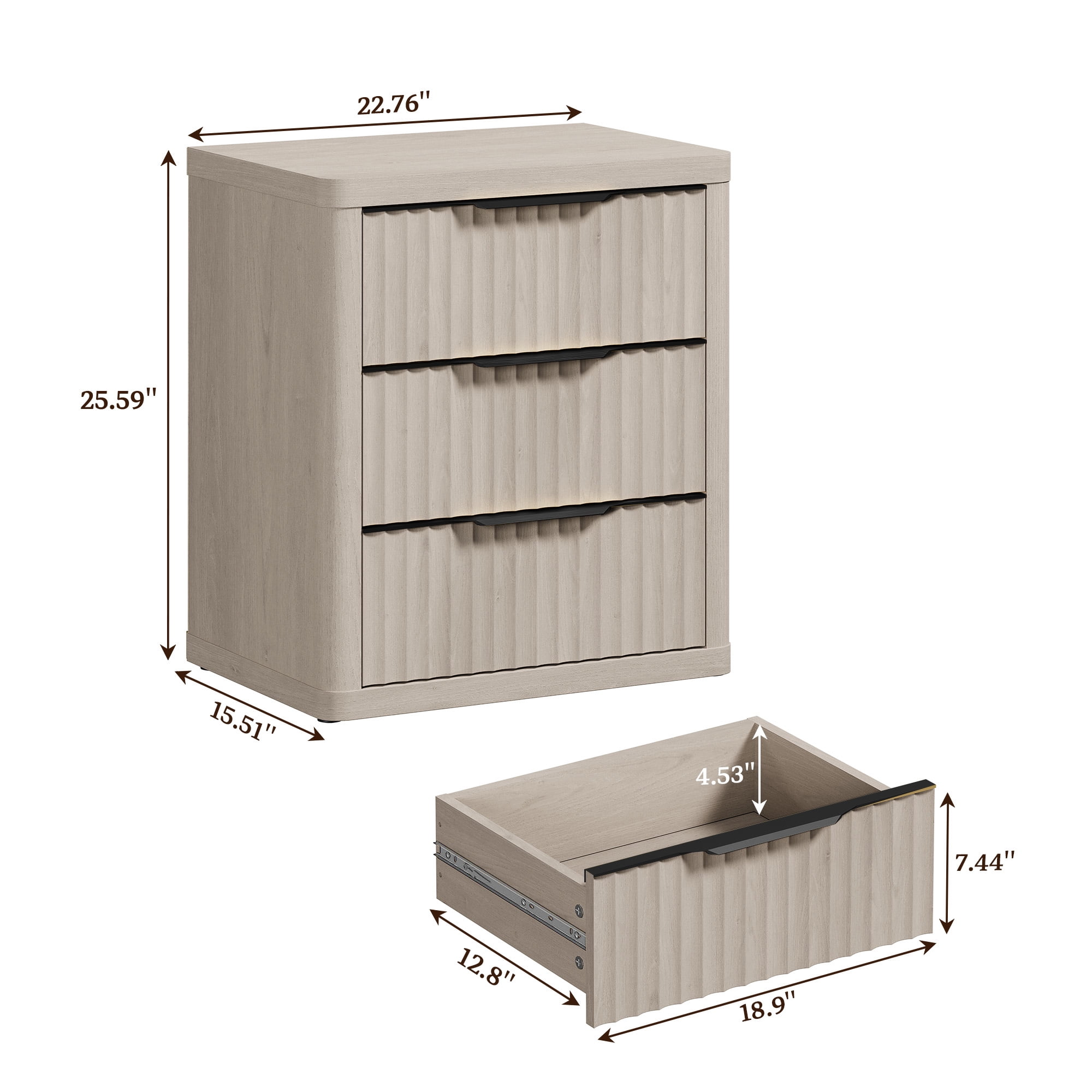 SICOTAS 23”W Farmhouse Nightstands with 3 Fluted Drawers & Black Handles, Wood Bedside Table for Bedroom, End Table for Living Room in Light Grey Alder