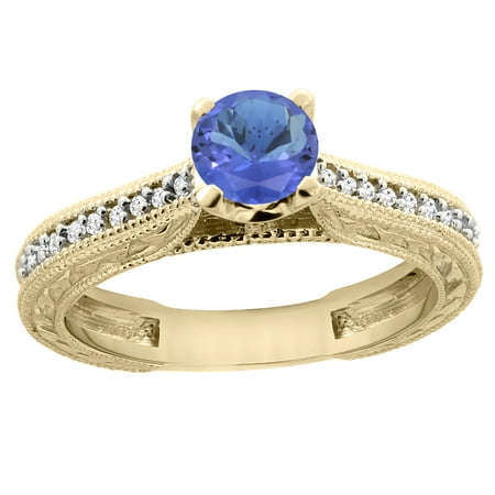 14K Yellow Gold Natural Tanzanite Round 5mm Engraved Engagement Ring Diamond Accents, size