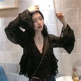 thumbnail image 2 of Dot Print Women Blusa V-neck Long Trumpet Sleeve Chiffon Shirts Ladies Tops Korean Black Blouse Casual Tops, 2 of 3