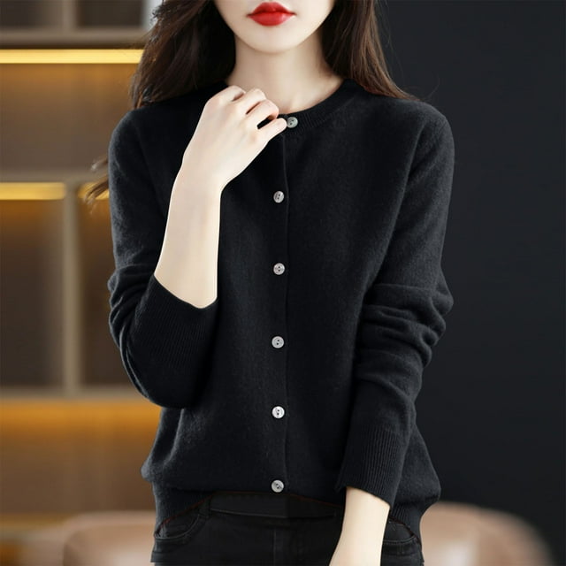 Qetyuw Lightweight Knit Cardigan for Women Crew Neck Casual Open Front Cardigans Jacket Button Down Long Sleeve Coat