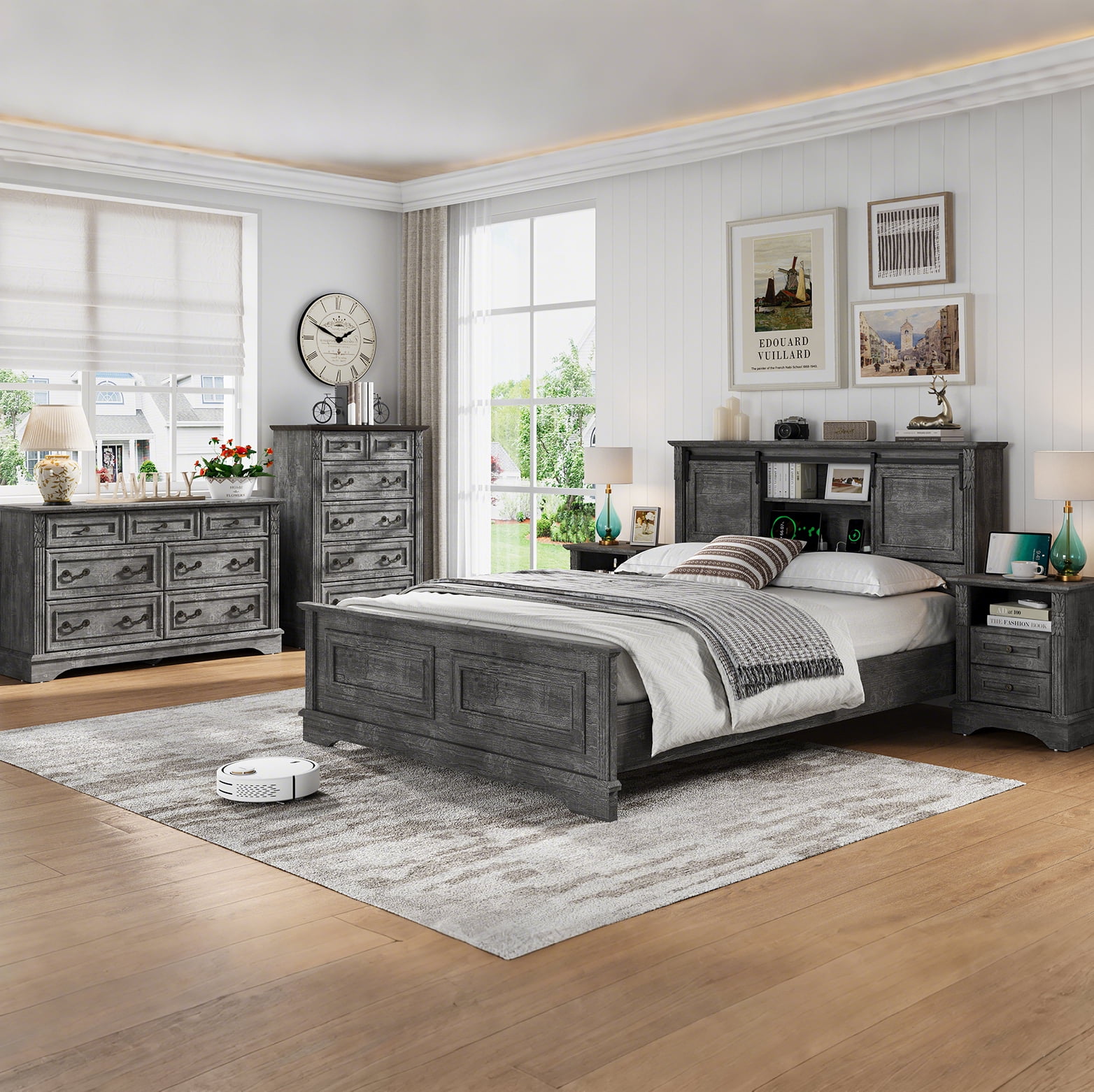 BOSHIRO Queen Size Bed Frame with Charging Station, Farmhouse Headboard with Sliding Barn Doors and Storage, Platform Design with Bracket Footboard, Noiseless, No Box Spring Required, Grey