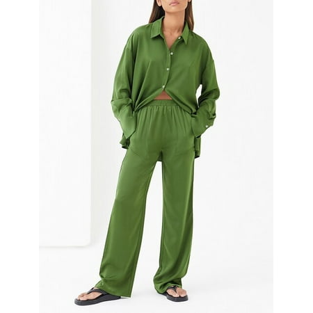 

QWZNDZGR Hiloc Green Satin Sleepwear Fashion Long Sleeve Women s Suit Single-Breasted Pajamas Women Sets Nightwear 2023 Trousers Suits