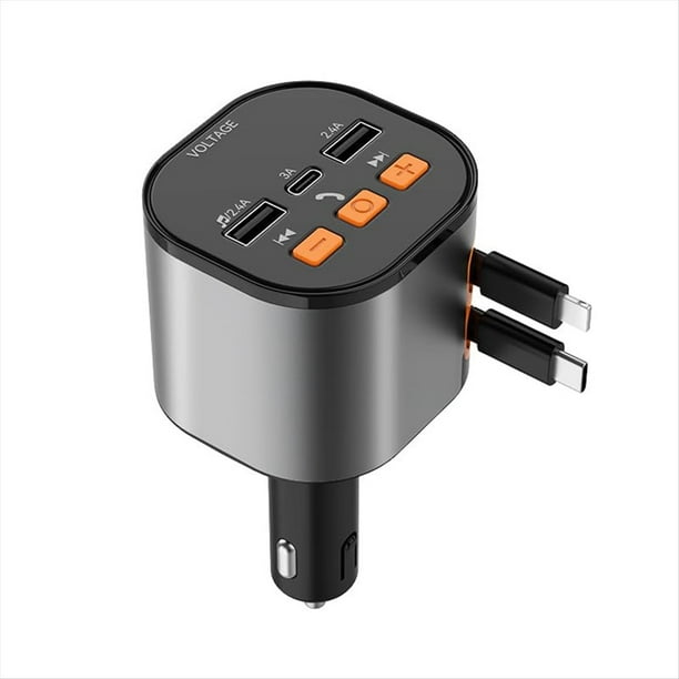 Cargador Retráctil para Coche, Adaptador de Transmisor FM con Bluetooth, Cargador para Coche con Llamadas Manos , Cargador Rápido de Teléfono para Coche 5 en 1