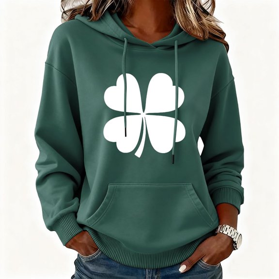 Women'S St. Patrick'S Day Sweatshirt Long Sleeved Irish Heart-Shaped Clover Holiday Hoodie Lucky Hoodie With Pocket Sweatshirt