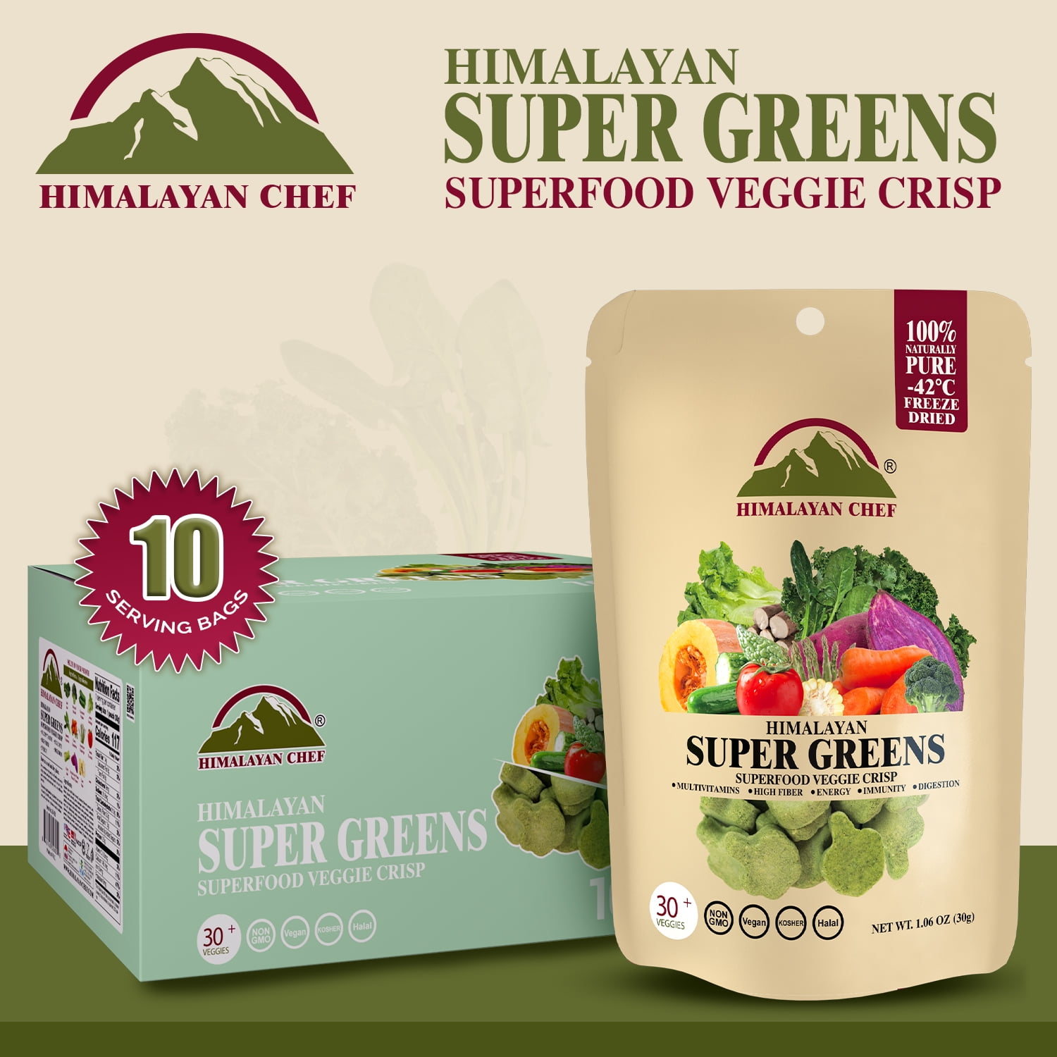Himalayan Chef Super Greens Veggie Crisp 30g each | Freeze-Dried Superfood Snack | 30+ Organic Green Veggie Mix | Protein-Rich, Nutrient-Packed, Gluten-Free | 10 Pack