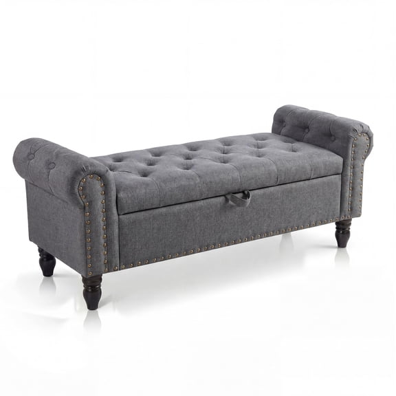 Danolapsi Upholstered Ottoman Bench with Button Tufted Design and Rolled Arms, 51in Bedroom Storage Bench for End of Bed,Anti Cotton and Linen Entryway Bench with Safety Hinge for Living Room, Closet