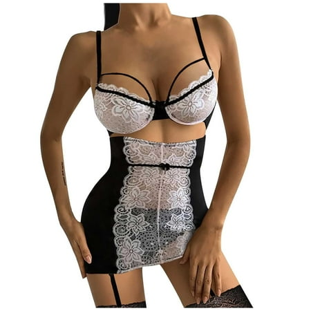 

QYZEU Nurse Lingerie for Women Teddy Lingerie Crochet Underwear Cutout Ladies Lace Embroidery Strap