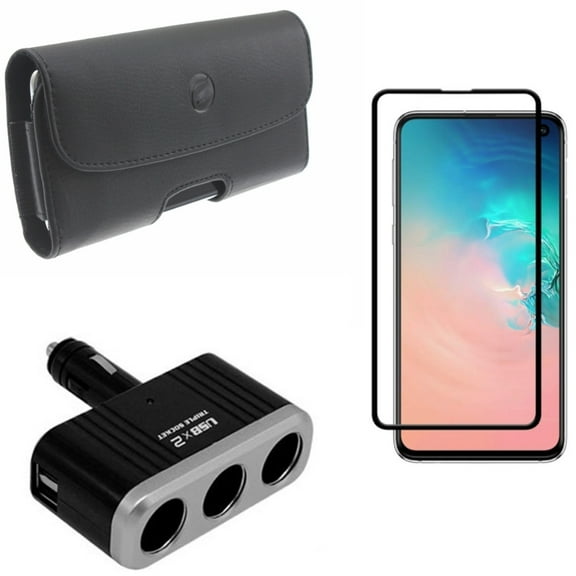 Galaxy S10e Car Charger w Case Belt Clip w Screen Protector - Splitter 3-Port DC Socket, Leather Holster Cover, Tempered Glass 5D Curved Edge for Samsung Galaxy S10e Phone