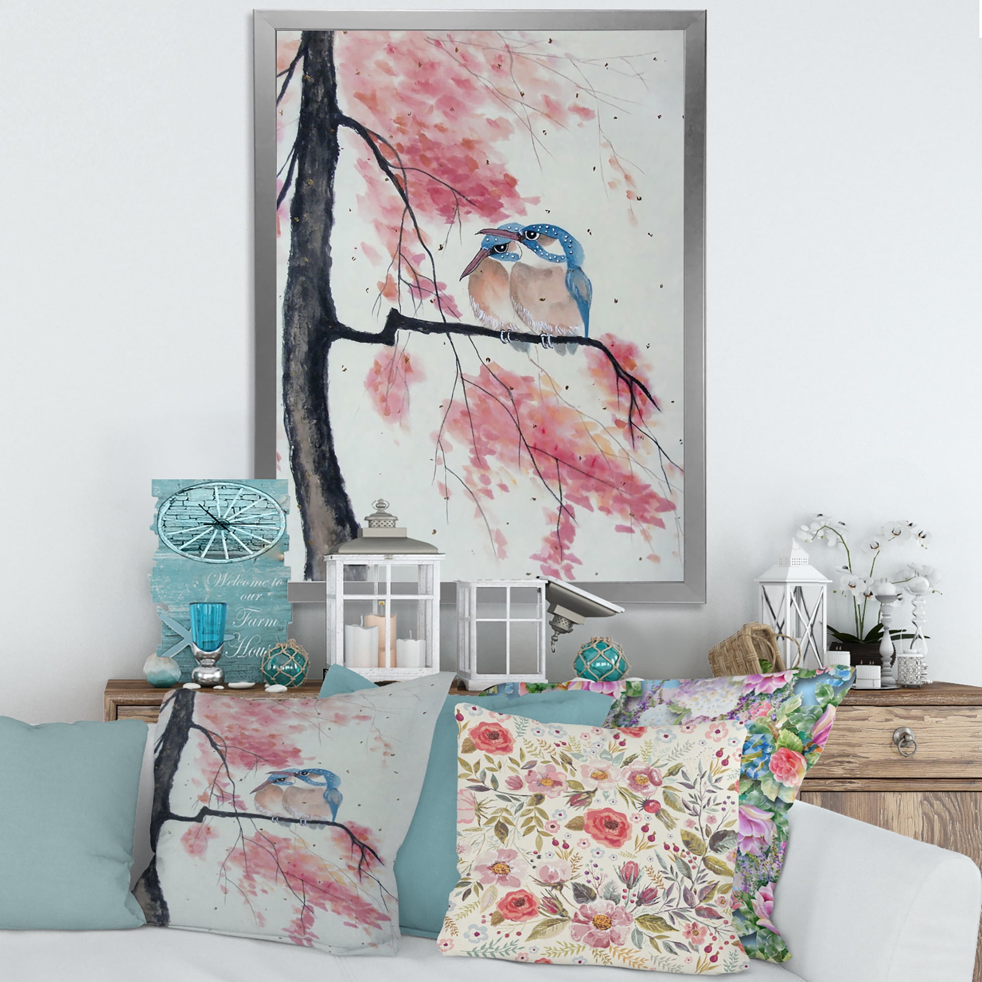 Two Blue Kingfisher Birds Sitting On A Flowering Branch 16 in x 32 in Framed Painting Canvas Art Print, by Designart