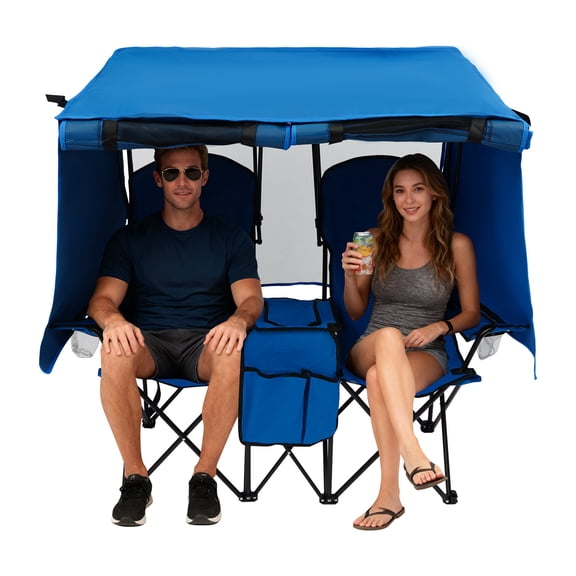 DENEST Folding Camping Chair with Canopy and Carry Bag, 2-Person Heavy Duty Hold up to 600lbs, with Cup Holders & Cooler Pouch, for Beach, Fishing, Backyard (Blue)