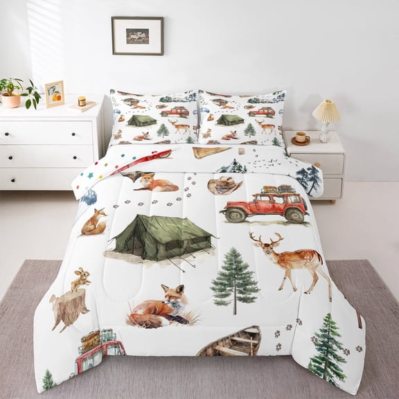 Castle Fairy Teens Fox Deer Rabbit 2pcs Bedding Comforter Set,Happy Camping Twin Comforter Sets,Jungle Animal Breathable Bedding Set,Lightweight Room Decor