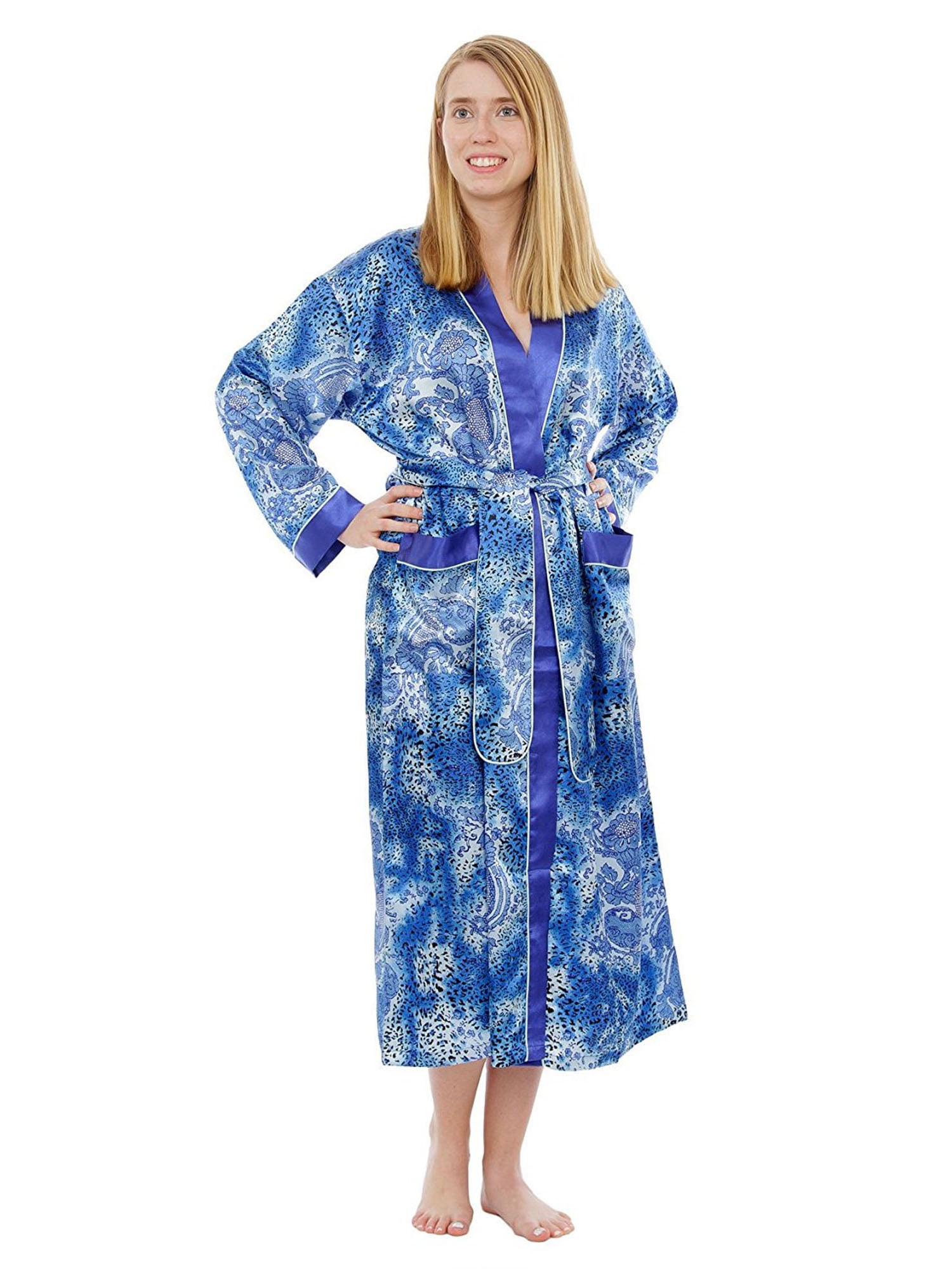 Up2date Fashion's Women's Blue Animal Print Long Robe with Pockets