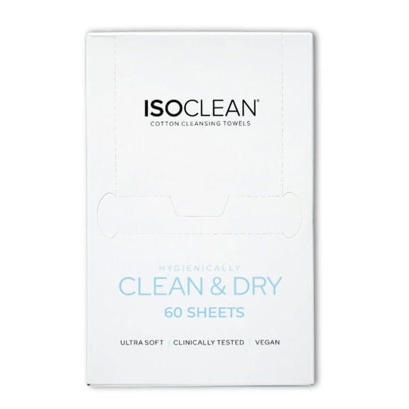 ISOCLEAN Face Towel - Box of 60 Make Up Remover Wipes, Disposable Towels Made with Soft Organic Cotton, Gentle On Sensitive Skin, Ideal for Facial Cleansing and Removing Cosmetic Residue