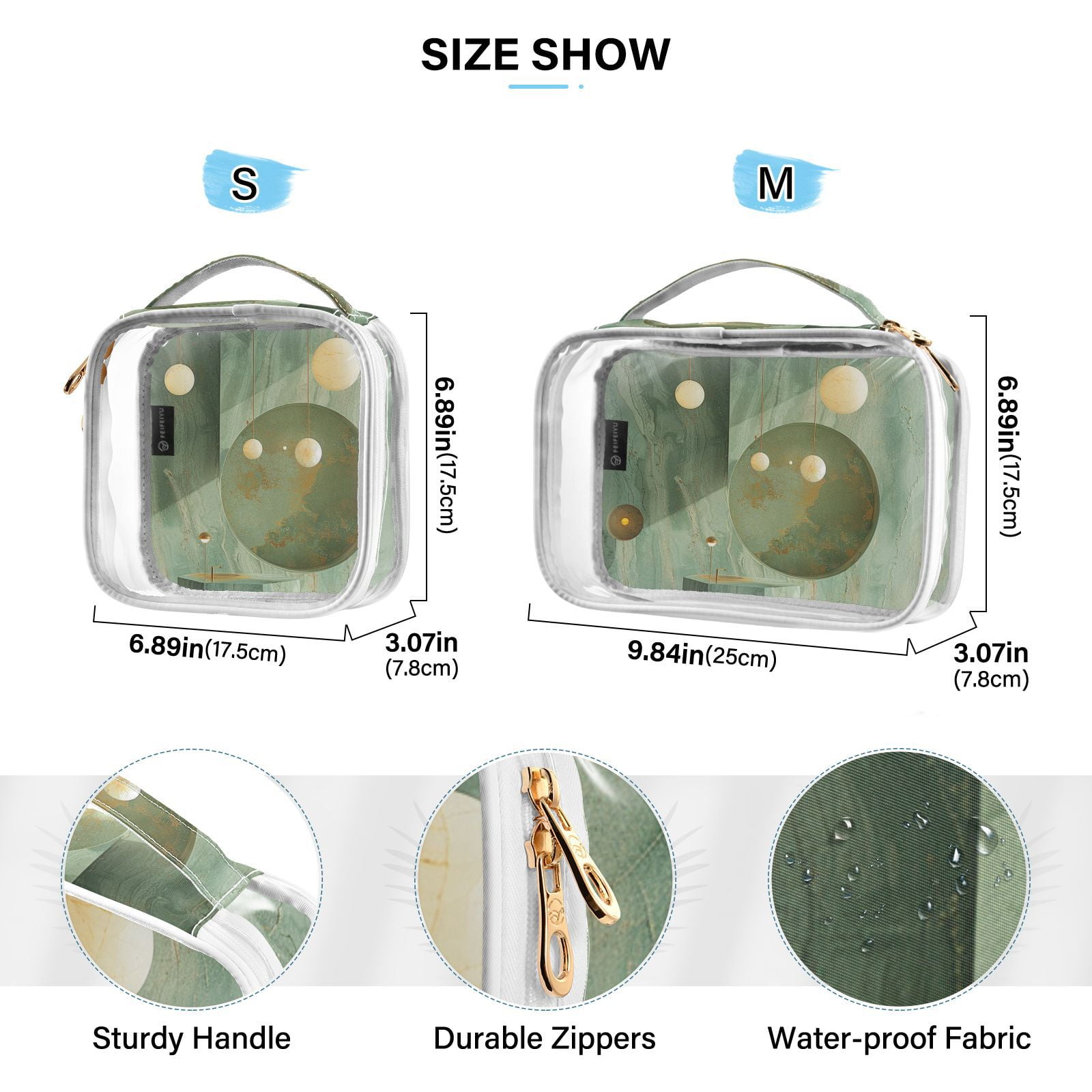 Clear Makeup Bags with Handle Large Opening 2 Pack Set Toiletry Bag Quart Size Bag, for Women Man Traveling Travel Essentials, Toiletries and Other. Green Gold Marble Modern Luxury