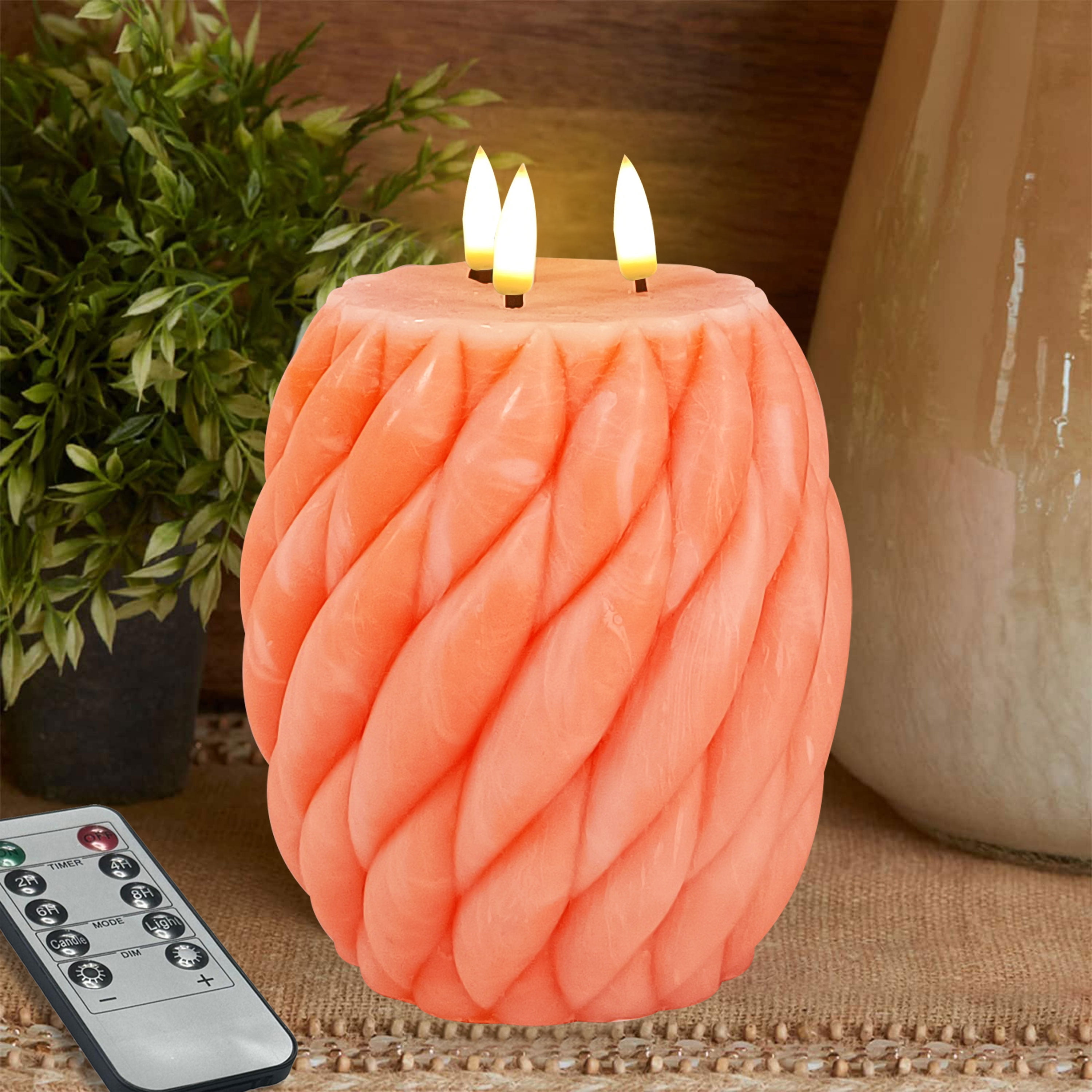Orange Knot Ball Flickering Flameless Candles, Real Wax LED Candles with Remote and Timer, 4.8 Inch Battery Operated Spiral Pillar Candles for Room Decor Home Wedding Decoration