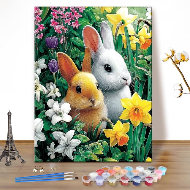 Easter Bunny Paint by Number Kit, Spring DIY Kit, Suitable for Beginners, Adult Painters, Home Decor Gifts, Frame Not Included.