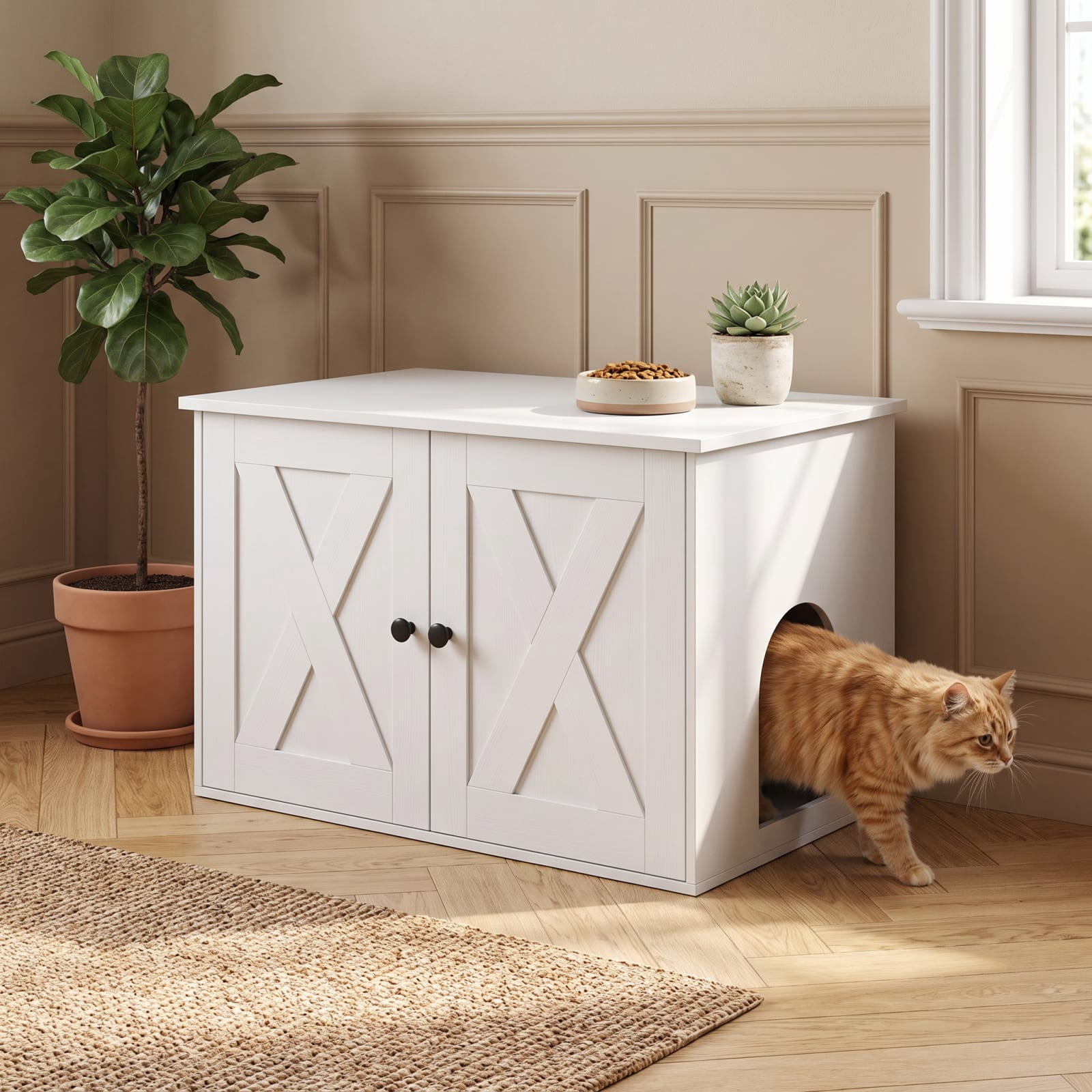 Vebreda Hidden Cat Litter Box Enclosure with Divider and Double Doors, Cat Litter Box Furniture with Storage Top, 31.5 Inch, White