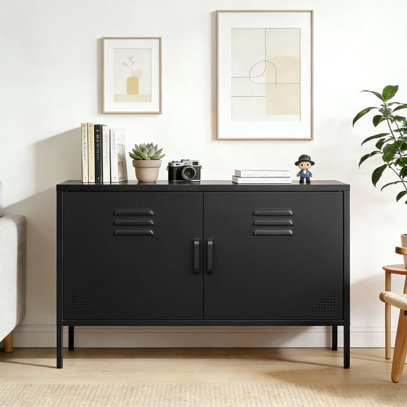 AUHUP Accent Cabinet with 2 Doors and Shelves, Black Low Metal Locker Console Table TV Stand, Low Sideboard Buffet for Living Room, Entryway, Home Office