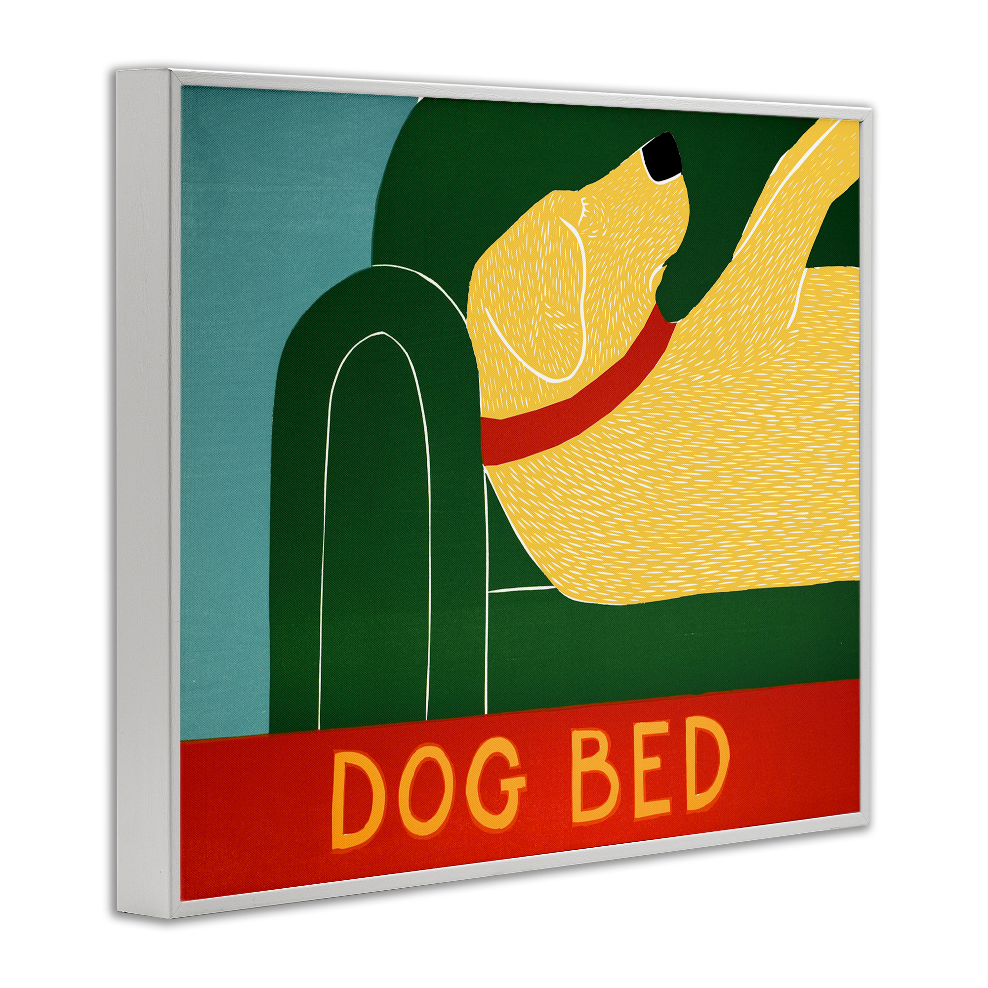 Dog Bed Labrador White Framed Giclee Art, design by Stephen Huneck