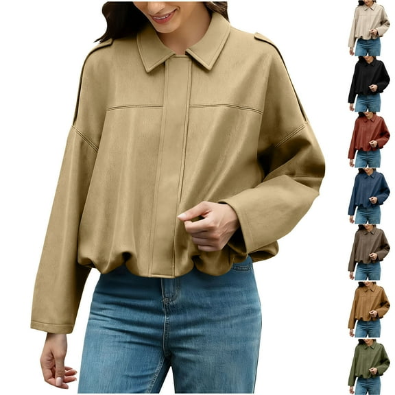 Women's Faux Suede Bomber Jacket Casual Lapel Pilot Coat Oversized Long Sleeve Trendy Streetwear Fall Winter Outerwear