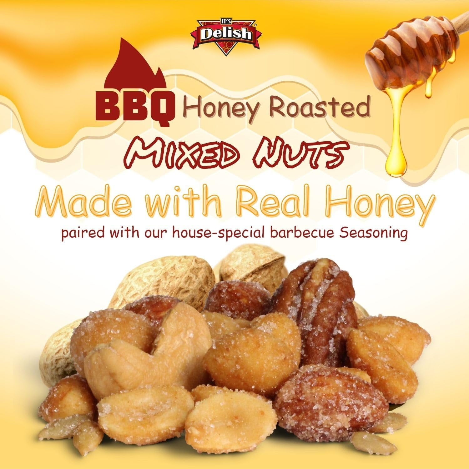 BBQ Honey Roasted Mixed Nuts by It's Delish, 2.5 LBS Reusable Jumbo Container  Gourmet Mixed Nuts in Honey Sugar Coating, Sweet & Heart Healthy Salted Nut, Kids Snack - Non-Dairy, Kosher Parve