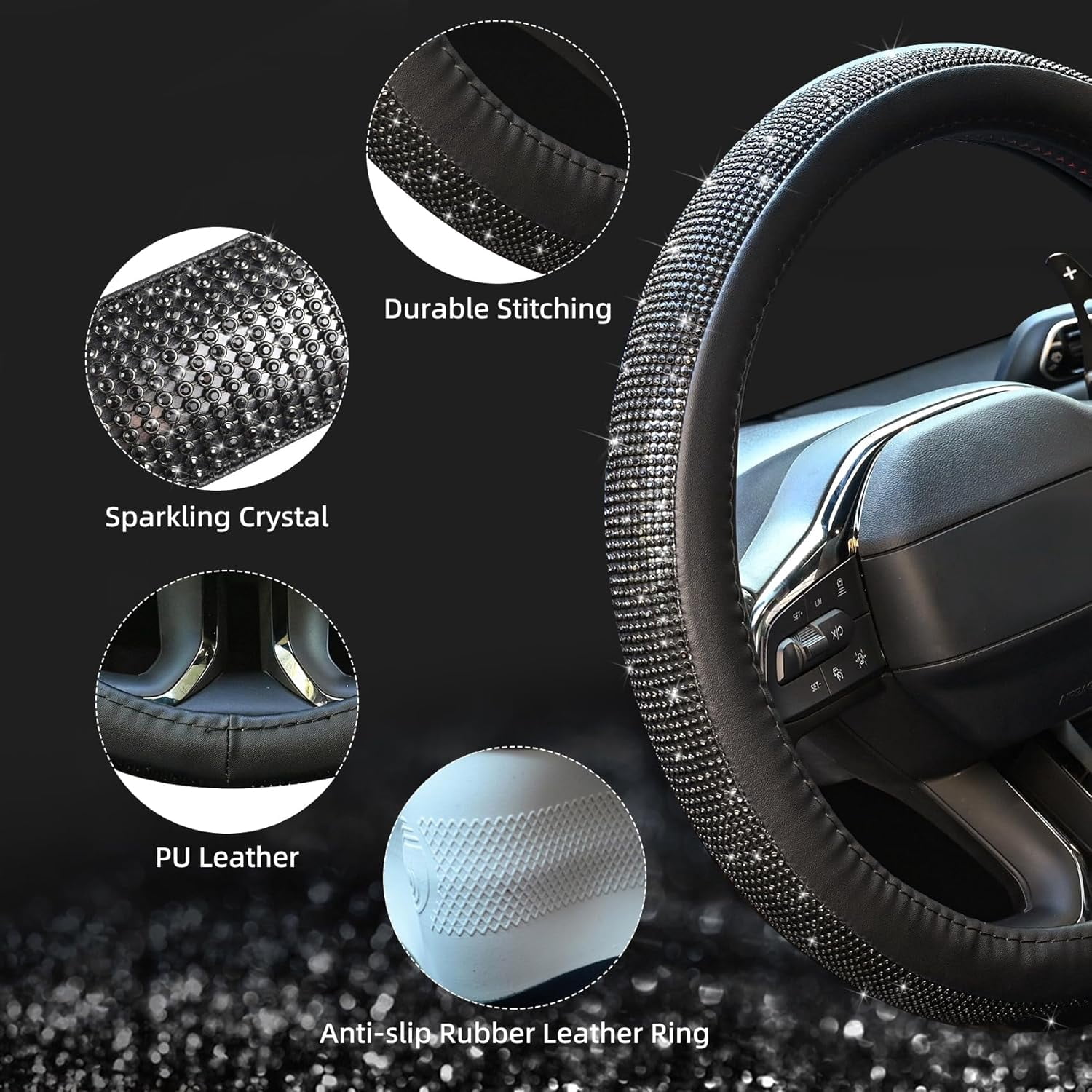New Diamond Leather Steering Wheel Cover with Bling Bling Crystal Rhinestones, Universal Fit 15 Inch Car Wheel Protector for Women Girls,Black Diamond