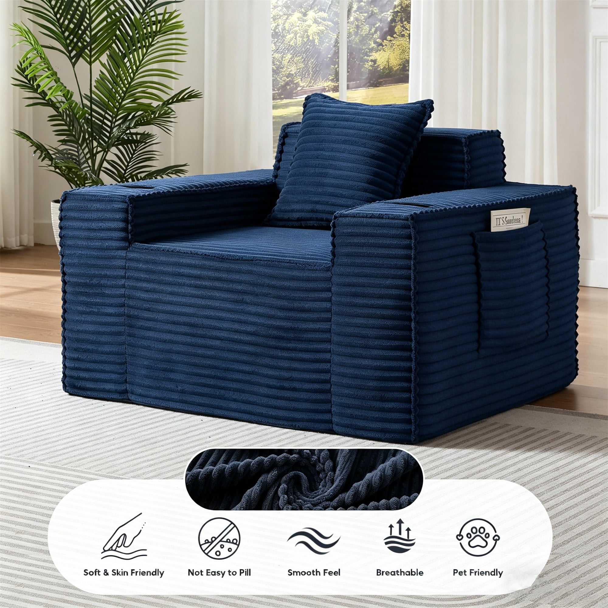 Aukfa 3 Piece Boneless Couch Set, Cloud Sofa Armchair w/ 2 Cup Holders&Storage Pockets for Living Room, Corduroy, Blue