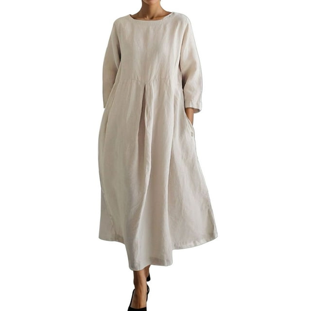 Elegant Pure Color Cotton Plus Size Women Dresses Linen Midi Dress with Round Neckline – A Ruffle Sleeve Dress Plus Size Versatile Knee Length Dress with An Academic Style