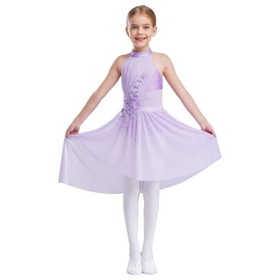 Sinleey Kids Girls Ballet Modern Lyrical Dance Dress Asymmetrical Hem Leotard Tutu Skirt Figure Ice Skating Dress Light Purple 6