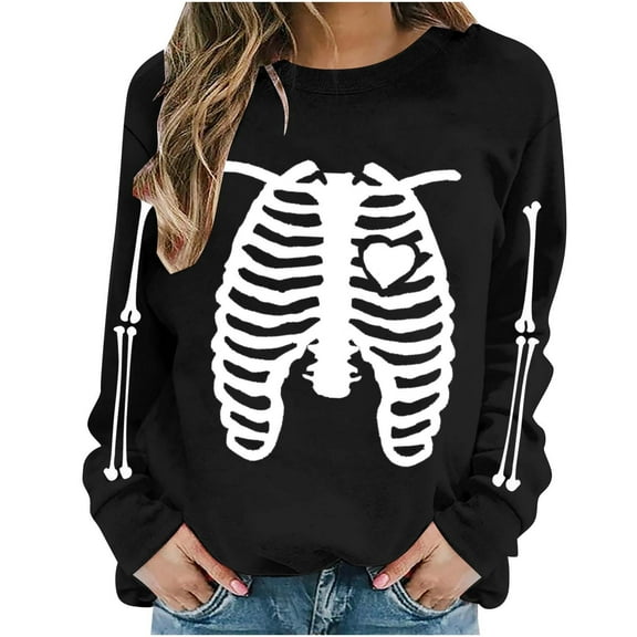 LYEAA Halloween Womens Sweatshirts Long Sleeve Crew Neck Regular Ribbed Cuff Casual Wear Skull Holiday Clothes Black L