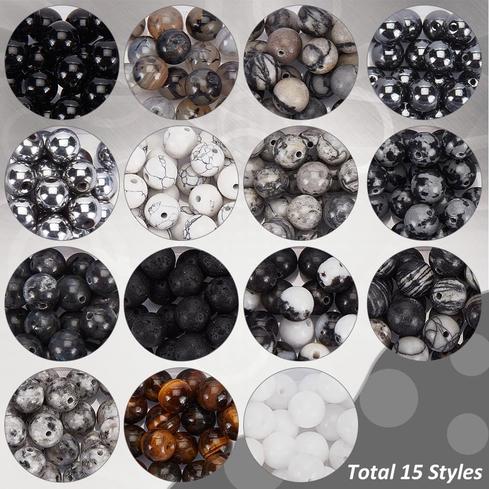 300PCS Round Black White Stone Beads 8mm Marble Loose Beads Gemstone Beads for Friendship Bracelet Earring Necklace Jewelry Making Eid Mubarak Ramadan Decoration