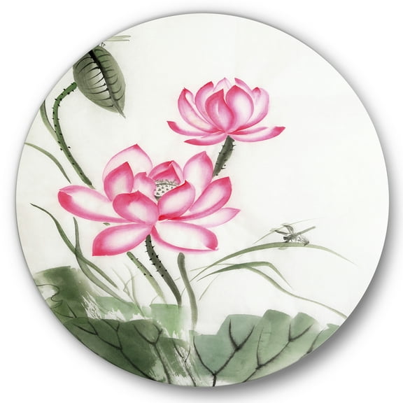 Designart 'The Dragonfly and Lotus I' Traditional Circle Metal Wall Art 36x36 - Disc of 36