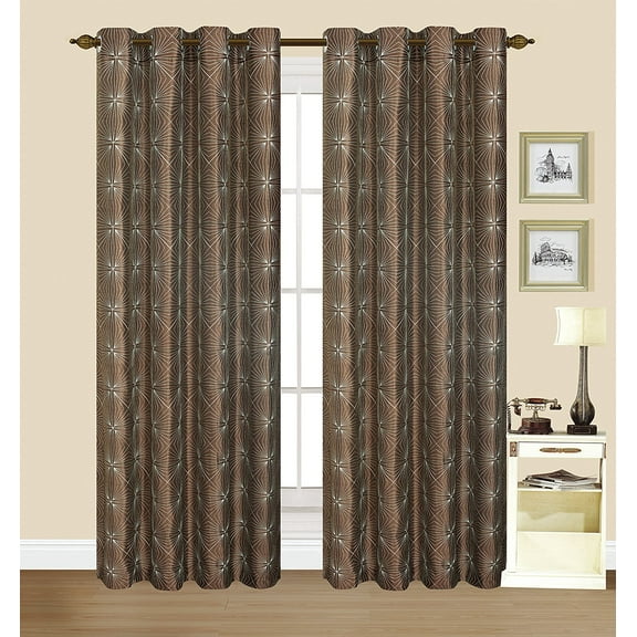 2 Pack Dana Chocolate Faux Silk 55"x84" Decorative Window Curtain Panel with Geometric Embroidery Design in White/Silver and Grommets