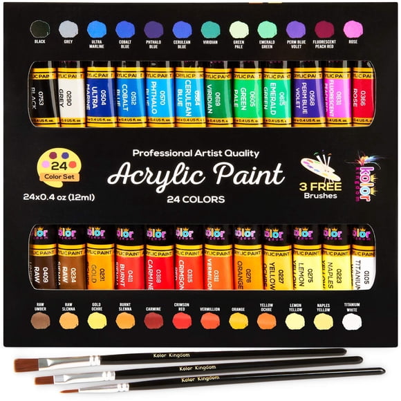 Set de pintura acrílica KOLOR KINGDOM de 24 colores, 12 ml, con 3 pinceles