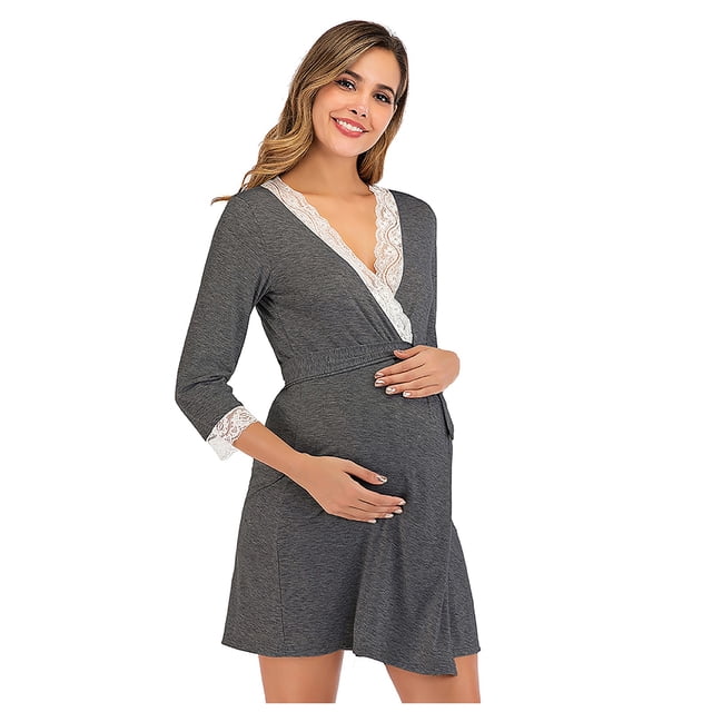 Bigersell Robes pour Femmes Femmes Robe à Col en V à Manches Courtes Maternité Dentelle Couleur Unie à Empiècements Robes de Mode Robes Décontractées pour Femme Robe Chemise pour Femmes Robes, Style 3444, Gris Foncé TTG