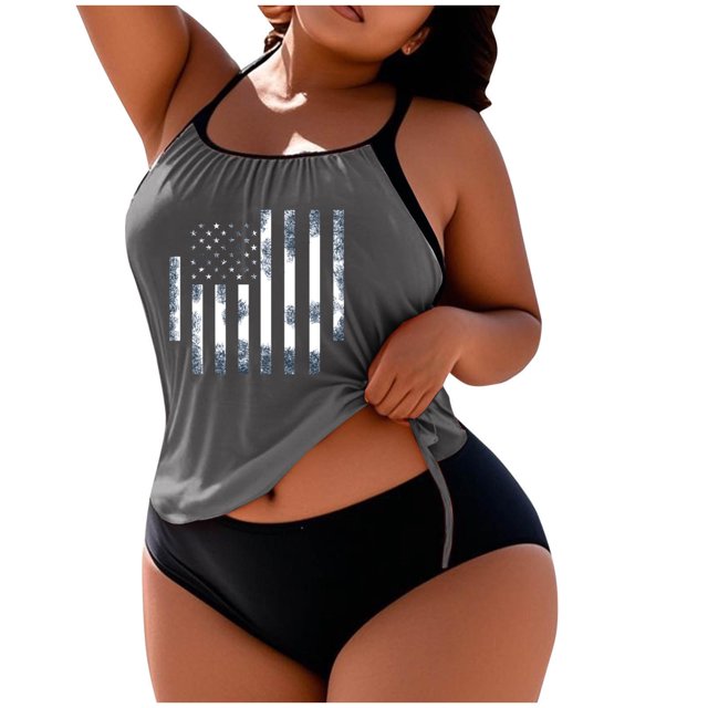Hyknon Tankini Maillots de Bain pour Femmes Grande Taille Conservateur Ensemble Fluide Deux Pièces Maillots de Bain avec Shorts d'Été Décontractés Col Rond Sans Manches Taille Élastique Maillots de Bain