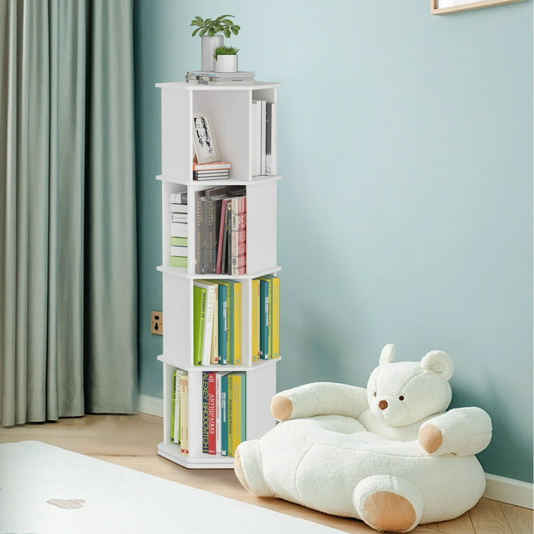 tonchean 4 Tier 360° Rotating Bookshelf Kids, 52H Floor Standing Bookcase  Organizer Rack for Kids & Adults Study Gift, White Wood 